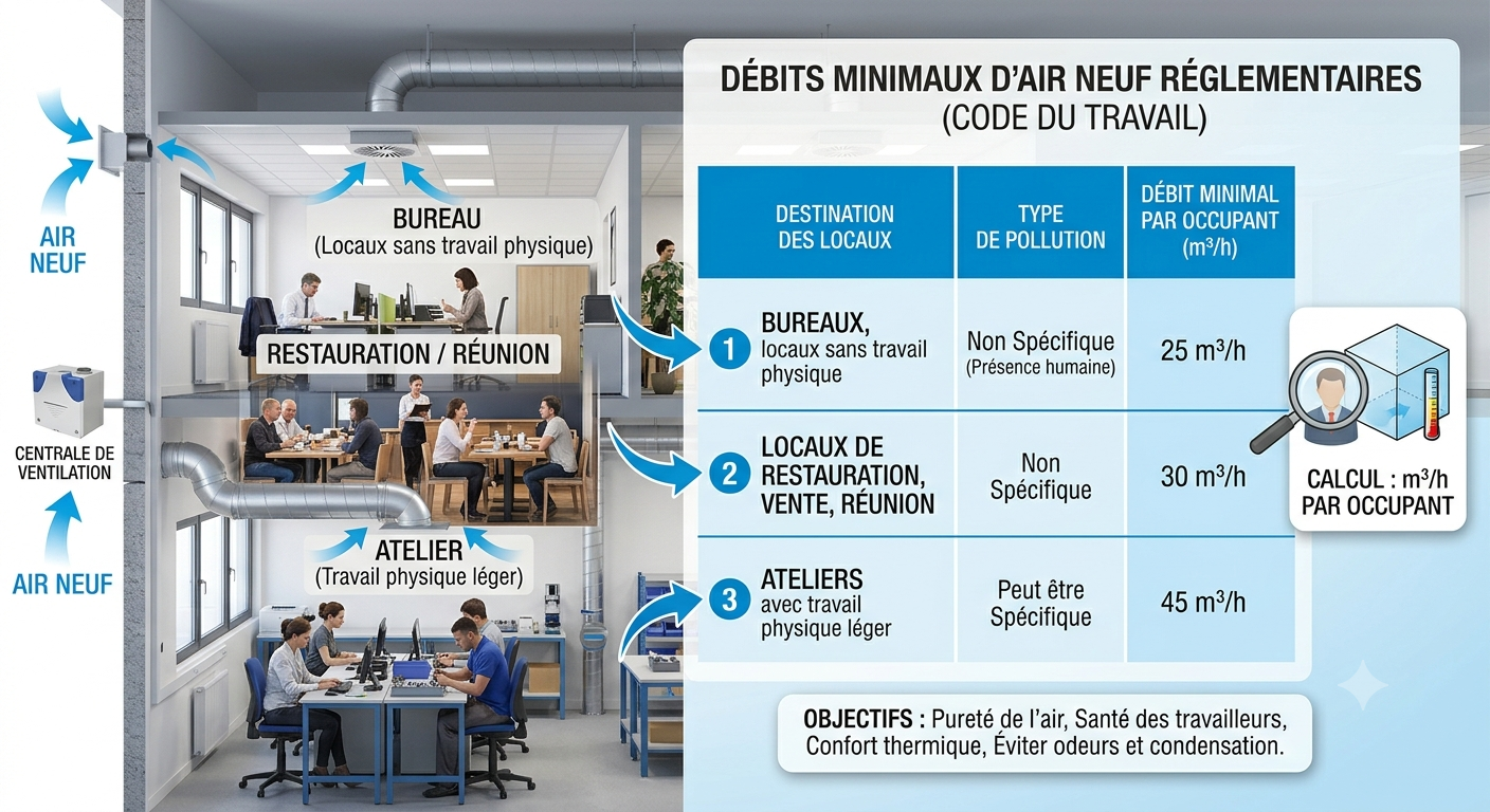 Récapitulatif des débits d'air réglementaires par type de local et activité